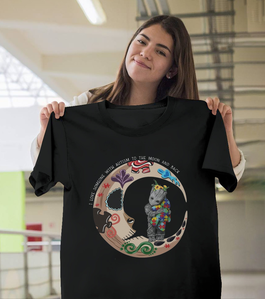 Baby Groot Holding Autism Puzzle Blanket in Vibrant Moon Circle I Love Someone With Autism To The Moon And Back T-Shirt