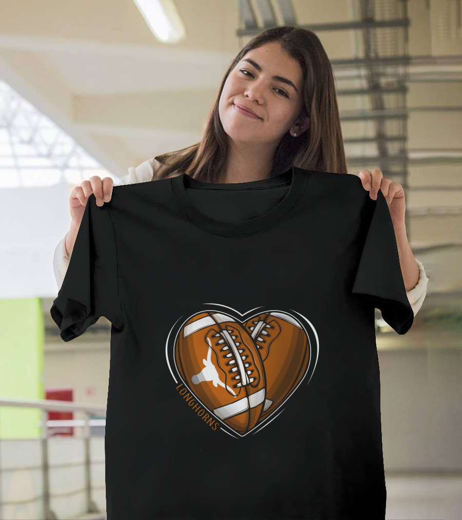 Longhorns Heart-Shaped Football Design Texas Longhorns NCAA T-Shirt