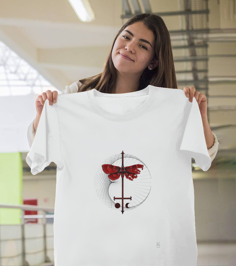 Blood Moon Moth Red Variant with Lunar Symbols and Mystical Spear Elements T-Shirt
