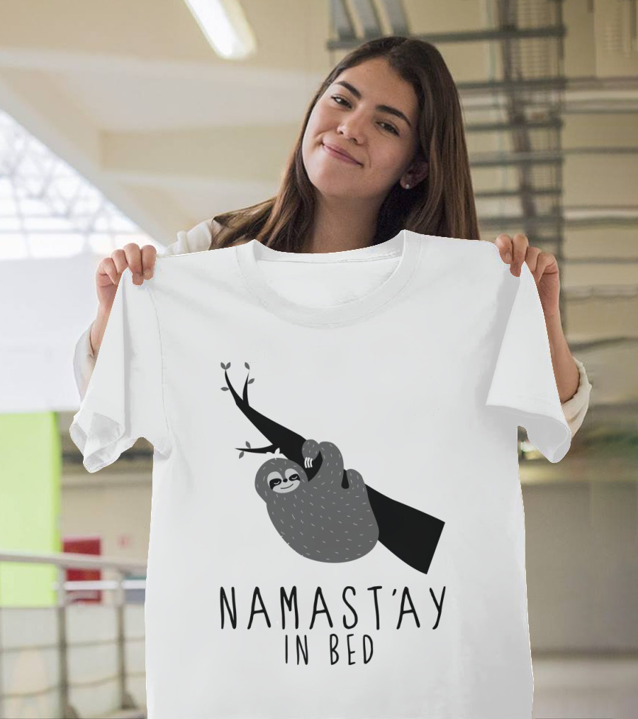 Namastay in Bed Sloth Hanging from Tree Branch Cartoon T-Shirt
