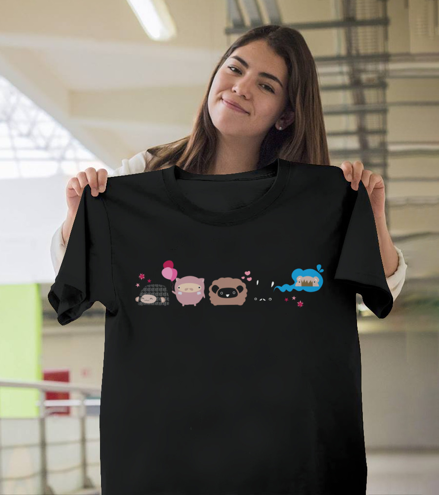 Five Cute Animal Characters in Pastel with Kawaii Hearts and Stars T-Shirt