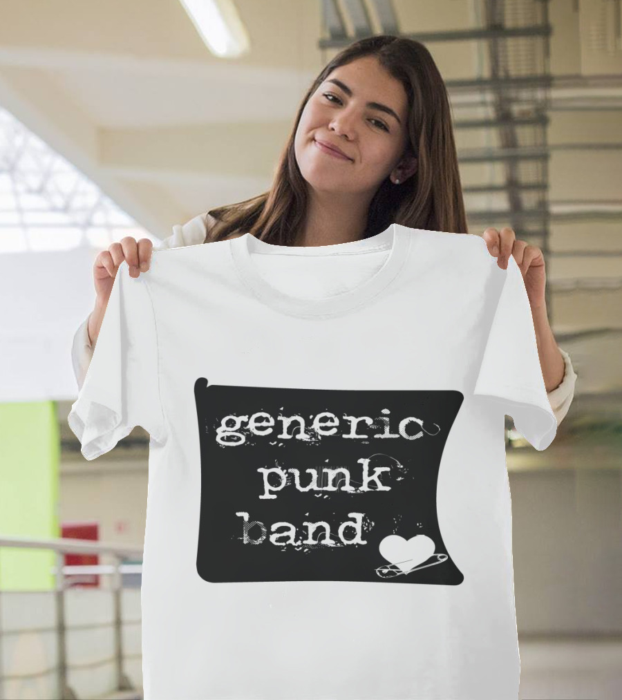 Generic Punk Band Distressed Text with Heart and Safety Pin T-Shirt
