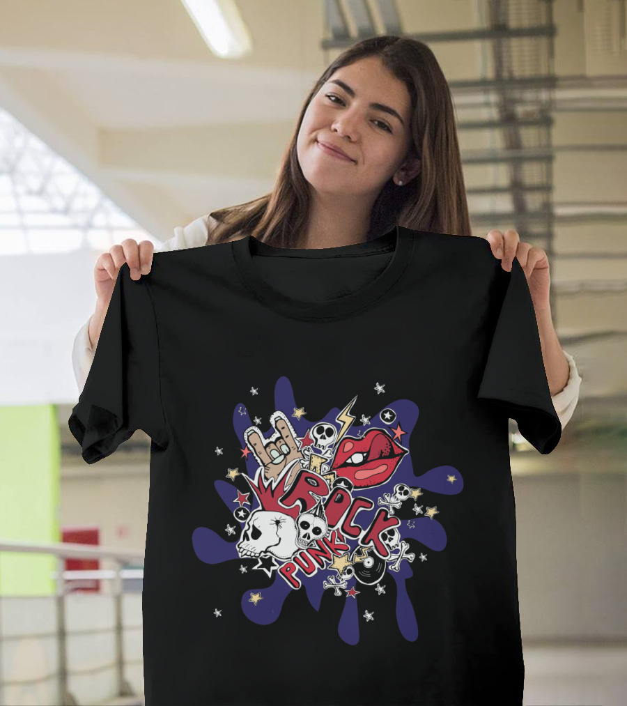 Rock Punk Skull Lips Lightning Stars Skull Hand Gesture T-Shirt
