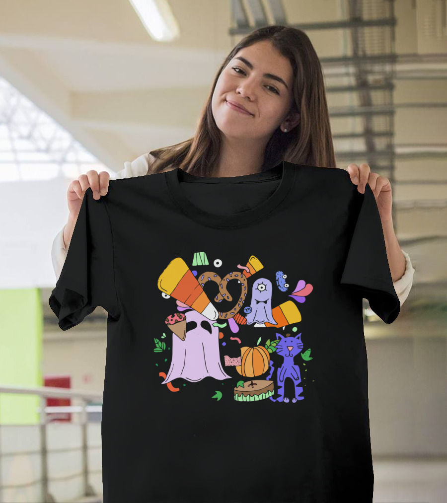 Halloween Candy Collection Ghost Black Cat Pumpkin Whimsical T-Shirt