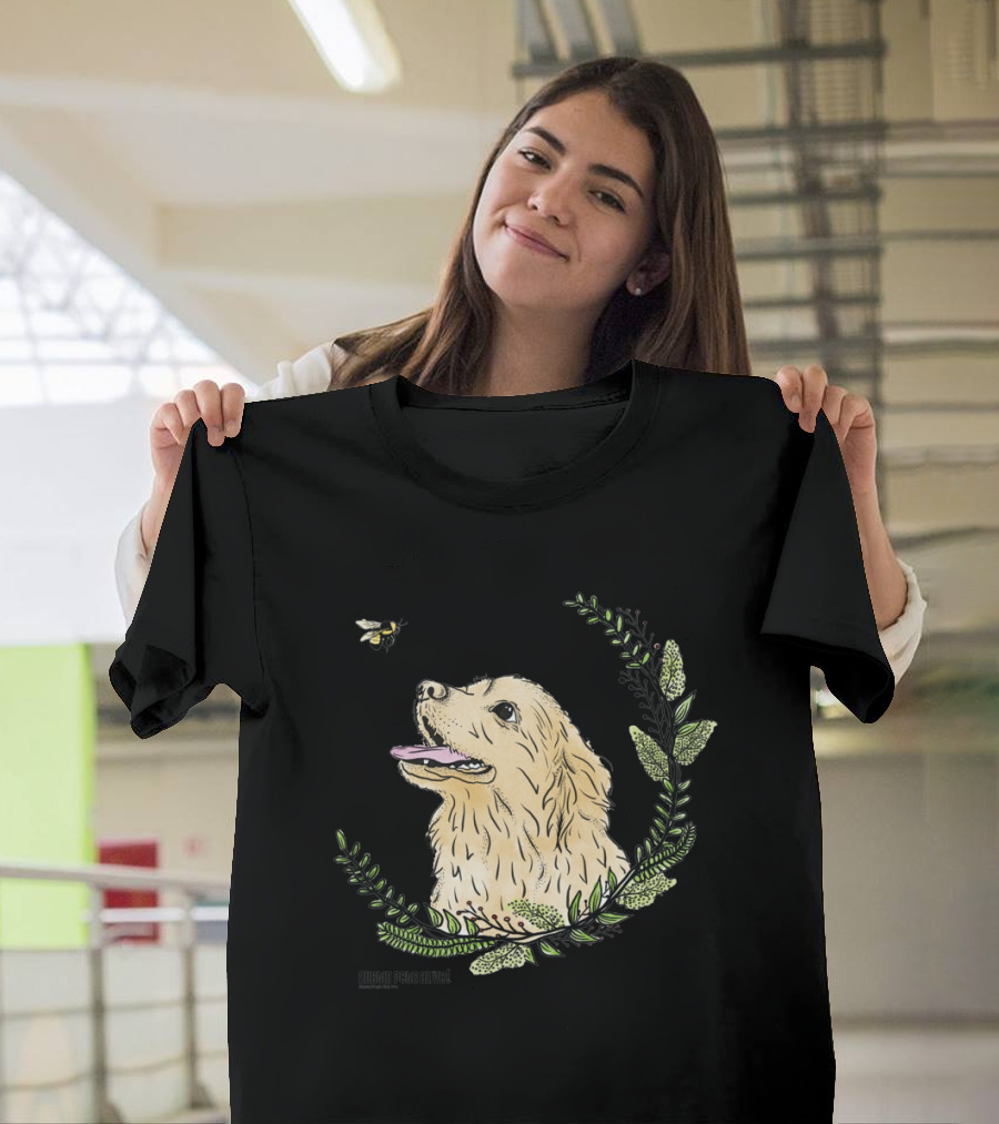 Golden Retriever Dog and Bumblebee Encounter Amidst Greenery by Aussome Arts T-Shirt