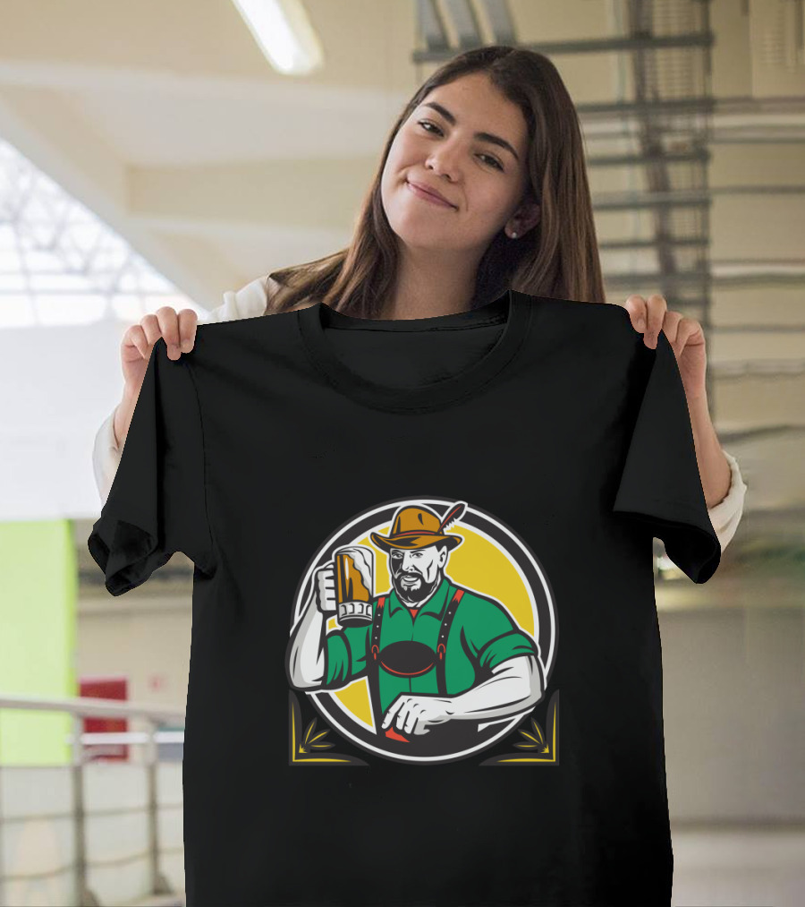 Oktoberfest German Beer Drinker Circle Lederhosen Bearded Man with Hat and Mug T-Shirt