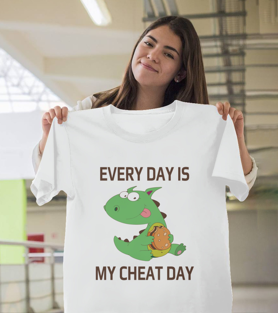 Every Day Is My Cheat Day Green Cartoon Dinosaur Holding Burger T-Shirt