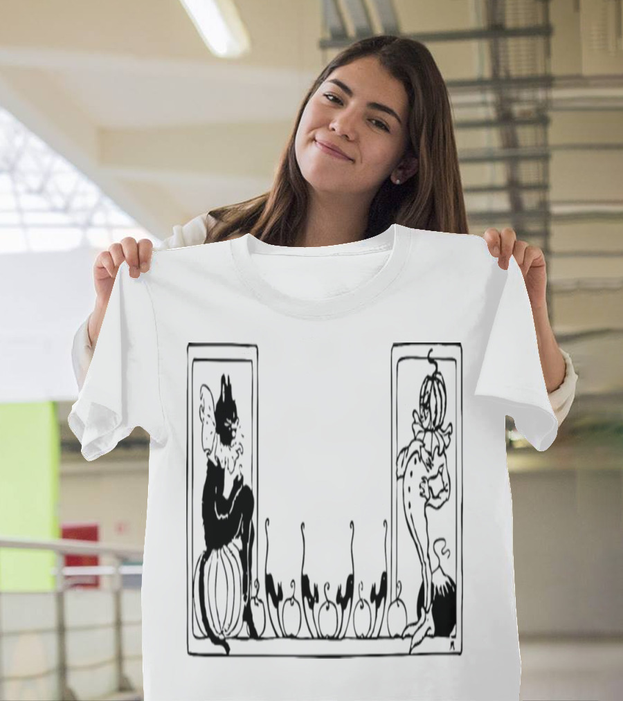 Art Nouveau Black Cat and Pumpkin Character Halloween Motif T-Shirt