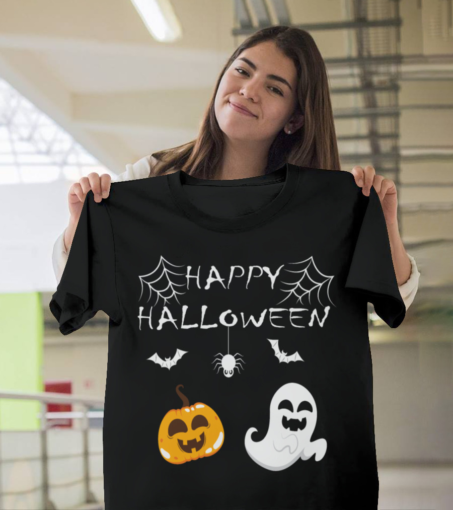 Happy Halloween Pumpkin Ghost with Spiders Bats and Webs T-Shirt