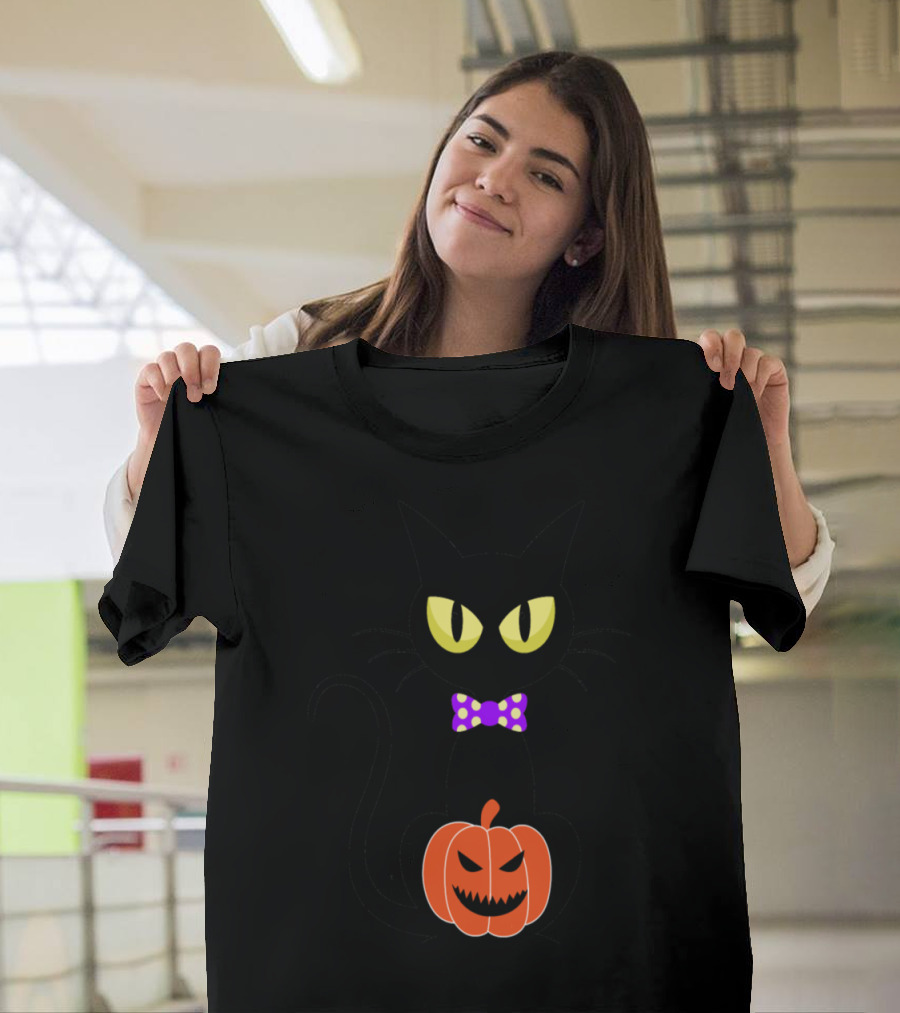 Funny Halloween Cat with Polka Dot Bow Tie and Grinning Pumpkin T-Shirt