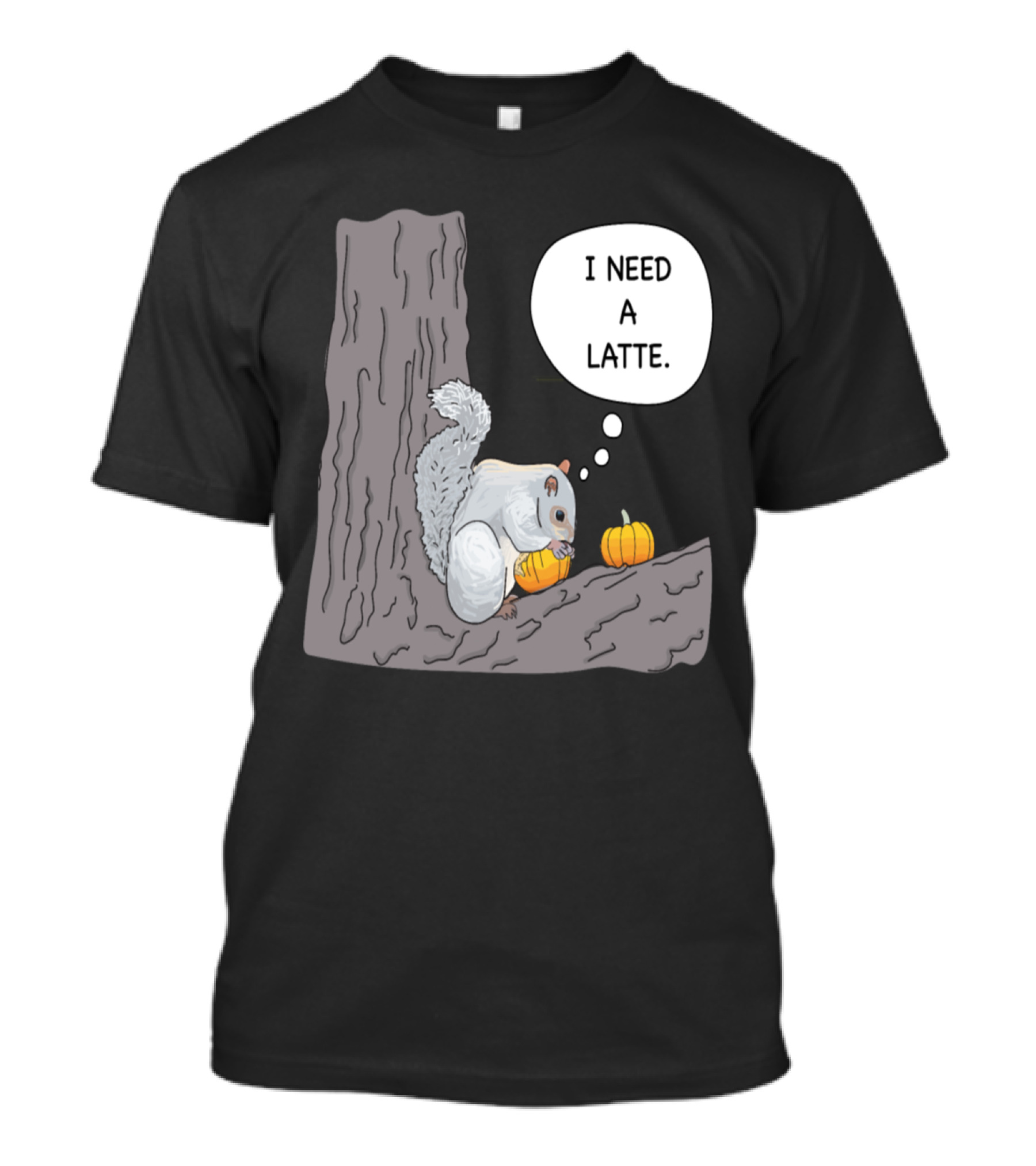 Squirrel Holding Pumpkin Thinking I Need A Latte T-Shirt