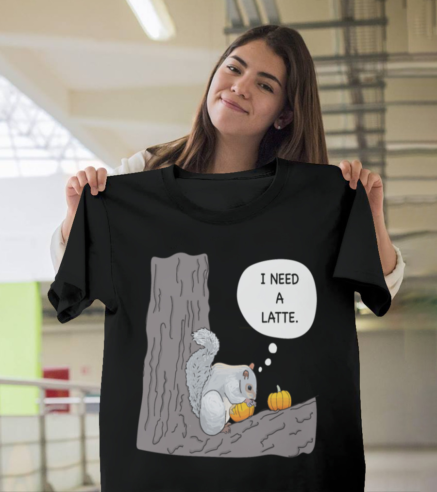 Squirrel Holding Pumpkin Thinking I Need a Latte T-Shirt