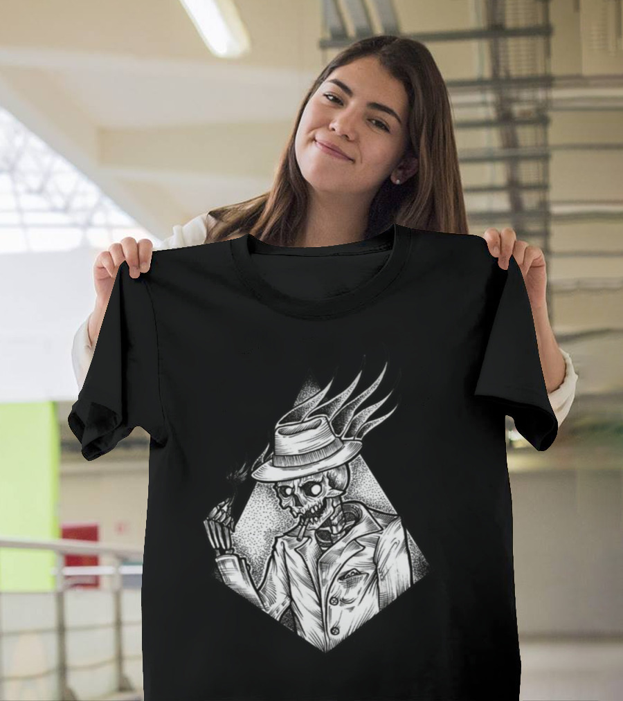 Retro Skeleton Smoking Fedora Gangster T-Shirt