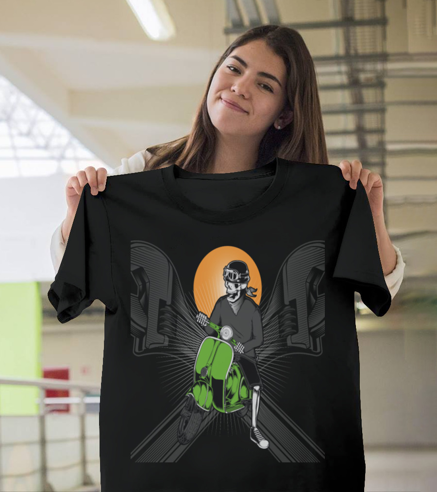 Riding Skeleton on Green Scooter with Helmet and Orange Sunburst Background T-Shirt