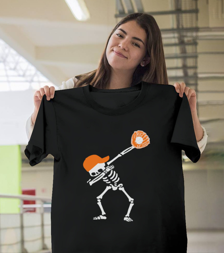 Funny Orange Hat Dabbing Baseball Skeleton T-Shirt