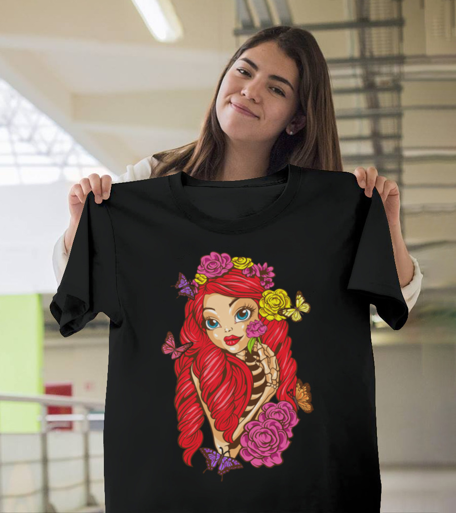Halloween Skeleton Butterfly Girl Calavera Catrina Rose Bouquet T-Shirt