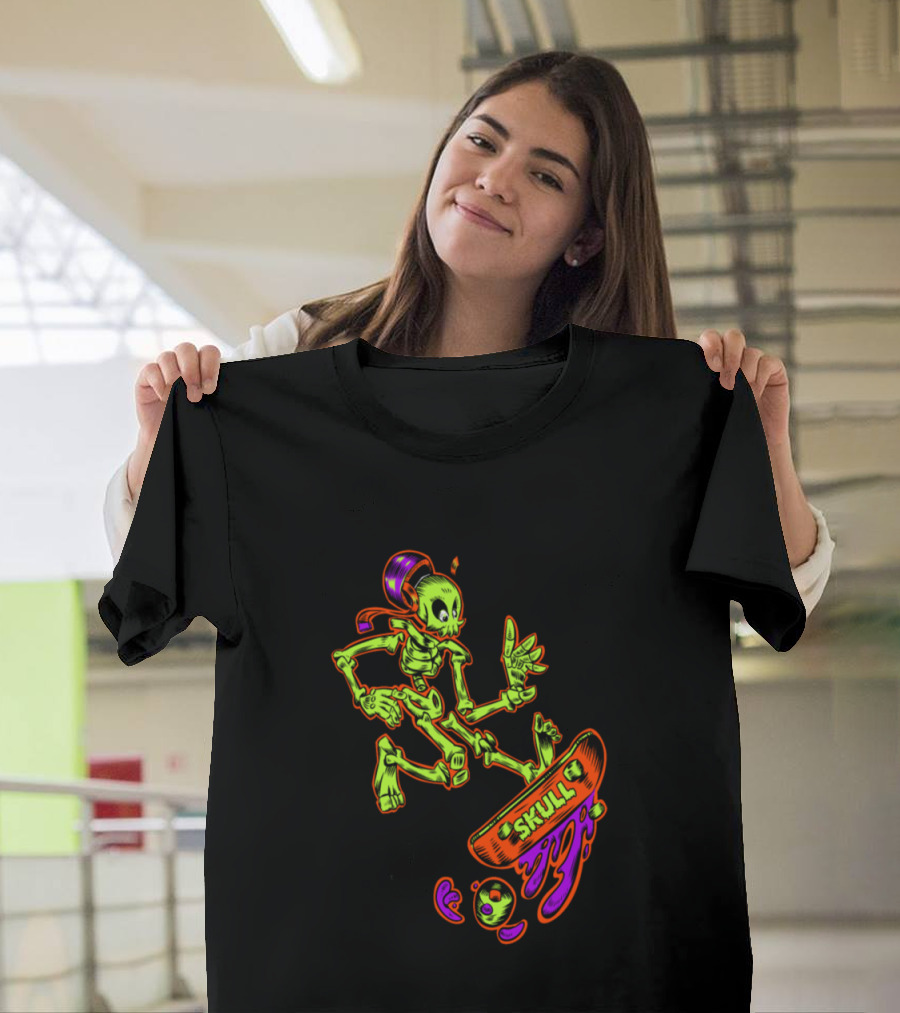 SKULL Neon Skeleton Skateboard Kick T-Shirt