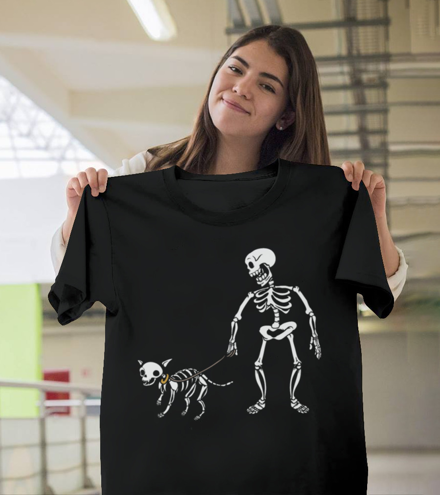 Halloween Skeleton Dog Walker Funny Pet Lover Scene T-Shirt