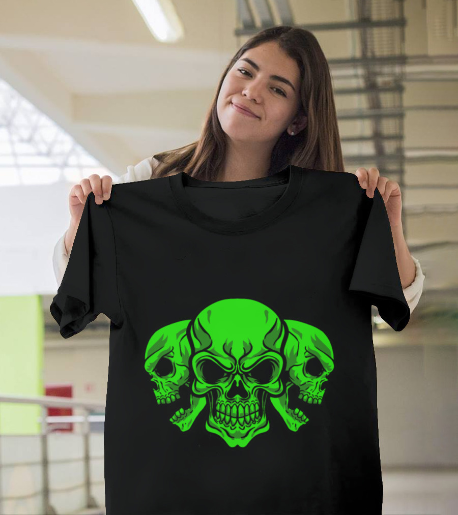 Skull Heads Human Skeleton Bones Bony Mask Neon Green Trio T-Shirt