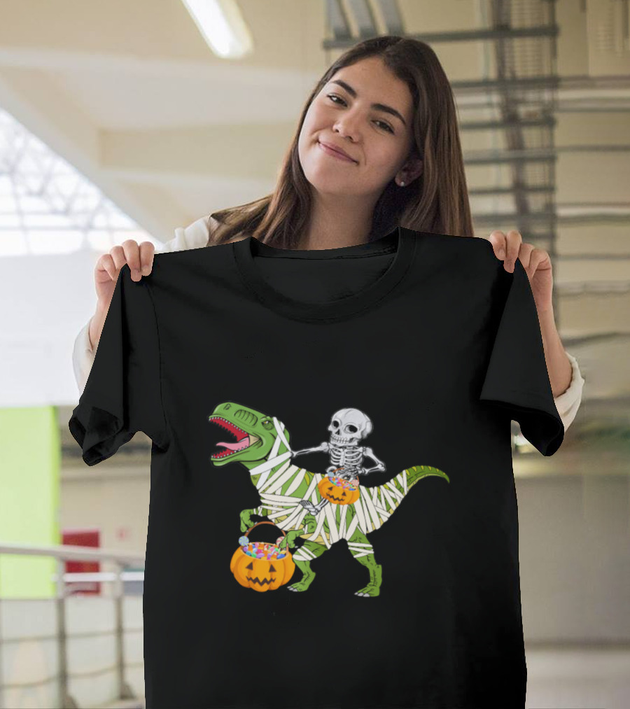 Skeleton Riding Mummy T-Rex with Halloween Pumpkins T-Shirt