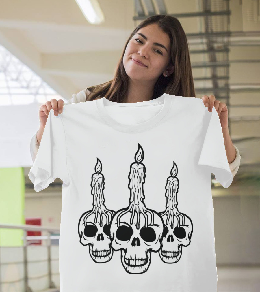 Creepy Horror Candle Skull Heads Triple Skeleton Skulls T-Shirt