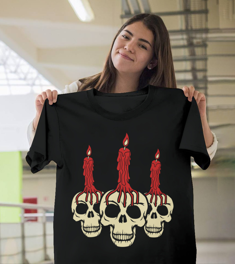 3 Skull Skeleton Heads with Creepy Horror Candle Wax T-Shirt
