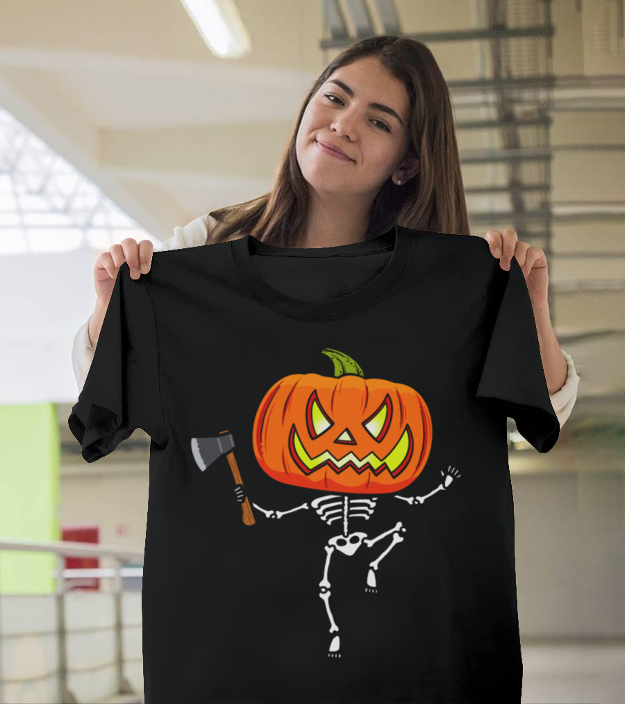 Pumpketon Skeleton Pumpkin Head with Axe is Coming for You T-Shirt