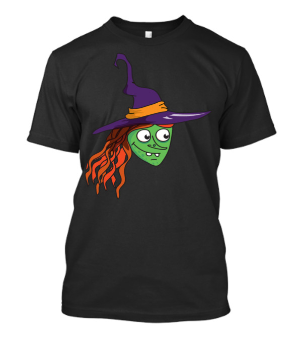 Whimsical Witch Happy Halloween Green Face Purple Hat Orange Hair T-Shirt