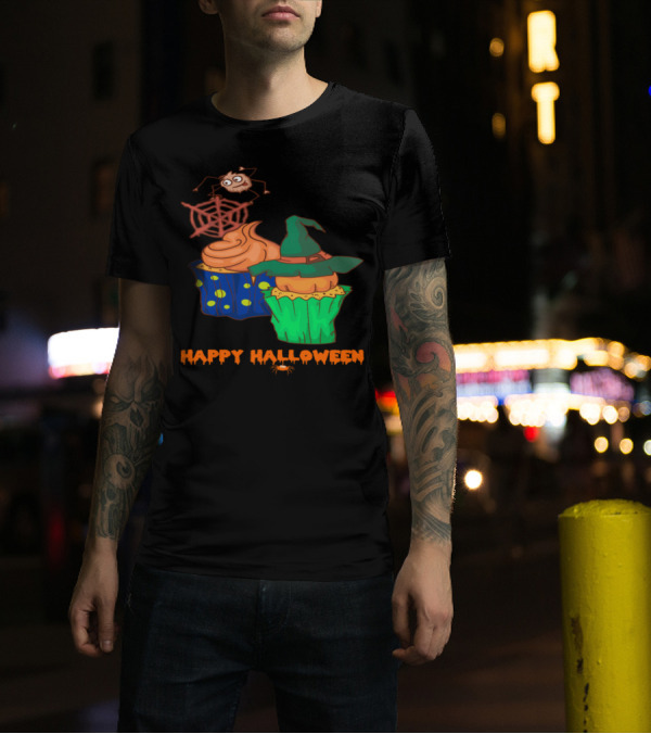 Happy Halloween Horror Muffins With Witch Hat And Spider Web Cupcakes T-Shirt