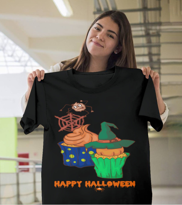 Happy Halloween Horror Muffins With Witch Hat And Spider Web Cupcakes T-Shirt