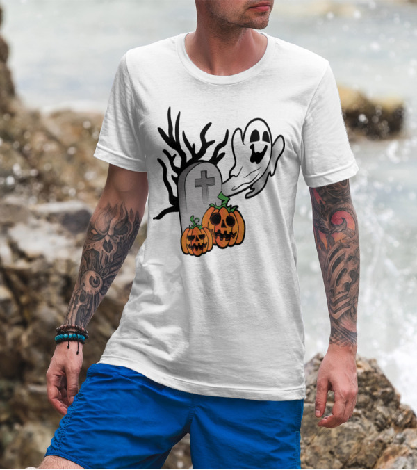 Ghostly Halloween Pumpkins And Scary Grave Stone Fright T-Shirt