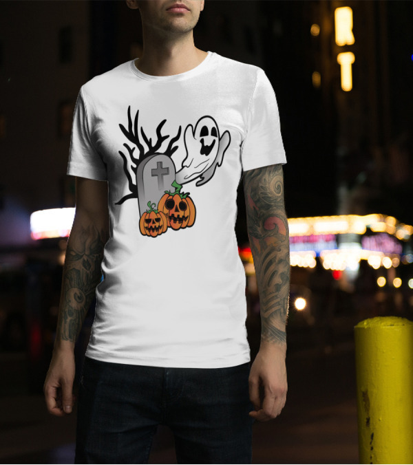 Ghostly Halloween Pumpkins And Scary Grave Stone Fright T-Shirt