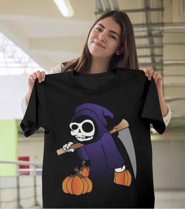 Skeleton Grim Reaper With Scythe And Pumpkins Halloween Monster Zombie Horror T-Shirt