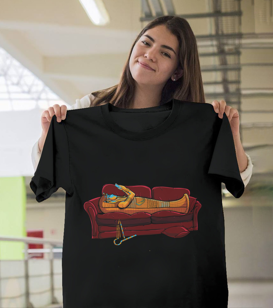 Couch Mummy Relaxing with Remote on Red Sofa T-Shirt
