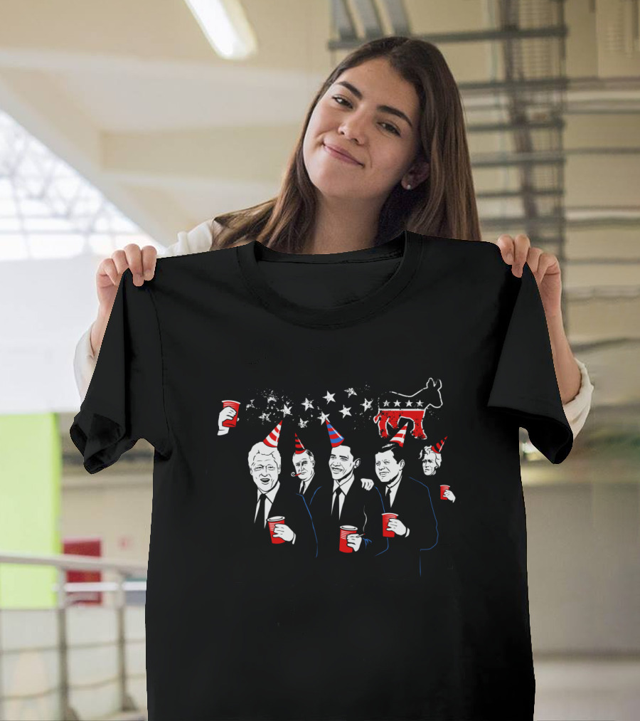 The Democratic Party Celebration with Patriotic Donkey and Former Presidents in Party Hats T-Shirt