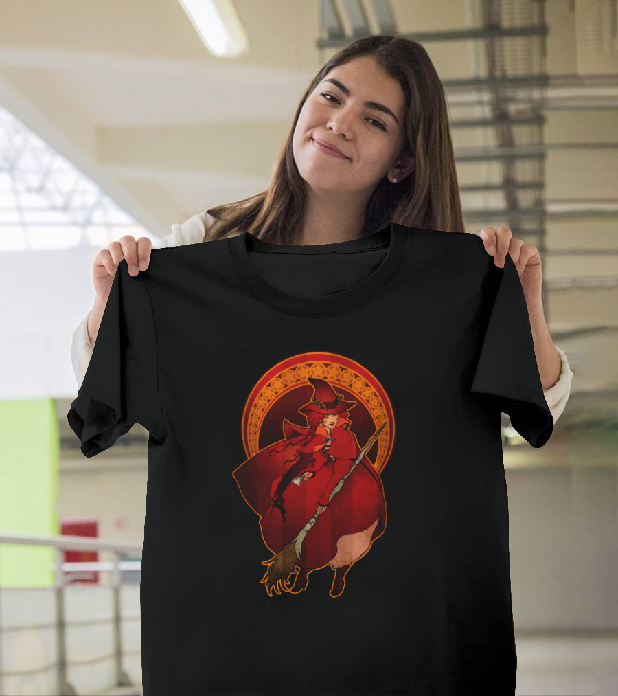 The Red Witch Riding a Broomstick with Enchanting Circular T-Shirt