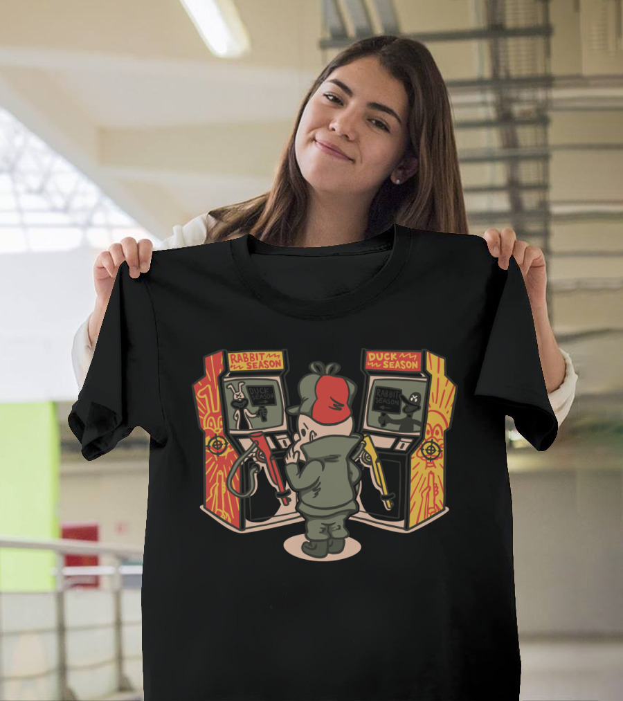 Rabbit Season Duck Season Arcade Parody with Classic Cartoon Hunter T-Shirt