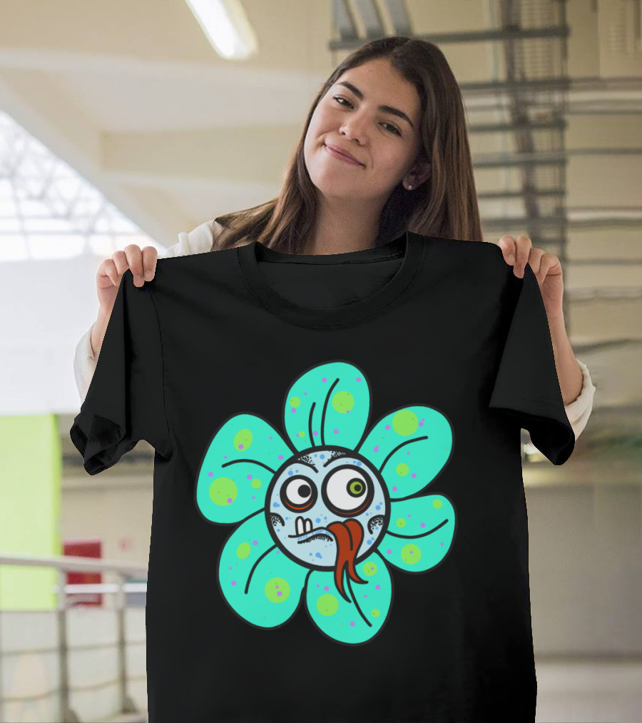 Stupid Flowers Cartoon Face with Silly Expression and Blue Green Petals T-Shirt
