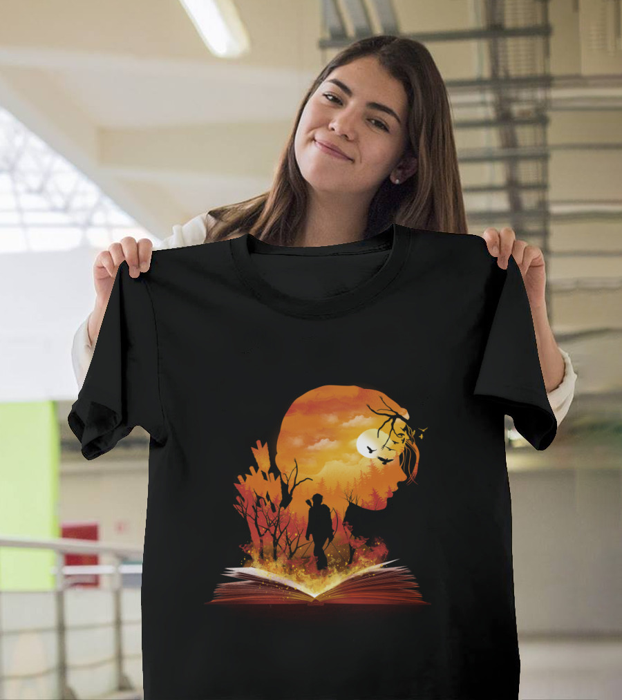 Book of Dystopia Silhouette with Sunset Forest and Open Book T-Shirt