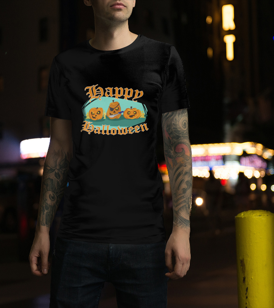 Happy Halloween With Scary Pumpkins And Knife T-Shirt