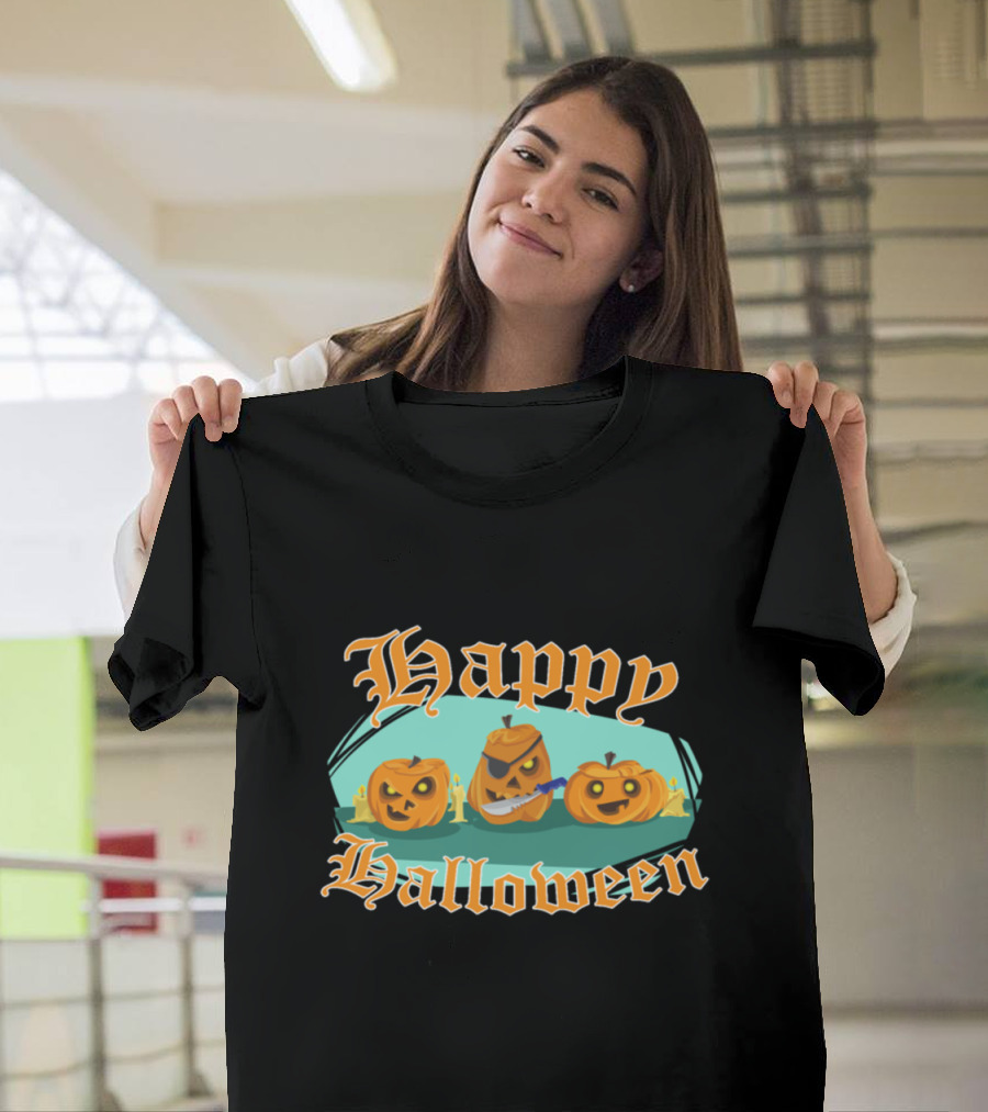 Happy Halloween With Scary Pumpkins And Knife T-Shirt