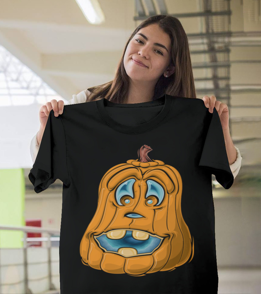 Friendly Pumpkin Cartoon Face with Blue Eyes and Wide Smile T-Shirt