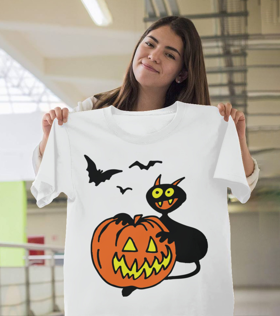 Pumpkin Demon with Bats and Black Cat T-Shirt