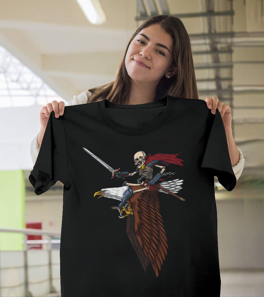 Skeleton Warrior with Sword Riding Majestic Eagle T-Shirt