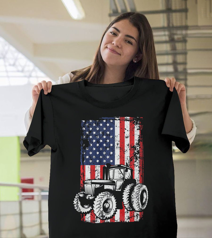 4th of July American Flag Tractor Independence Day Farming America T-Shirt