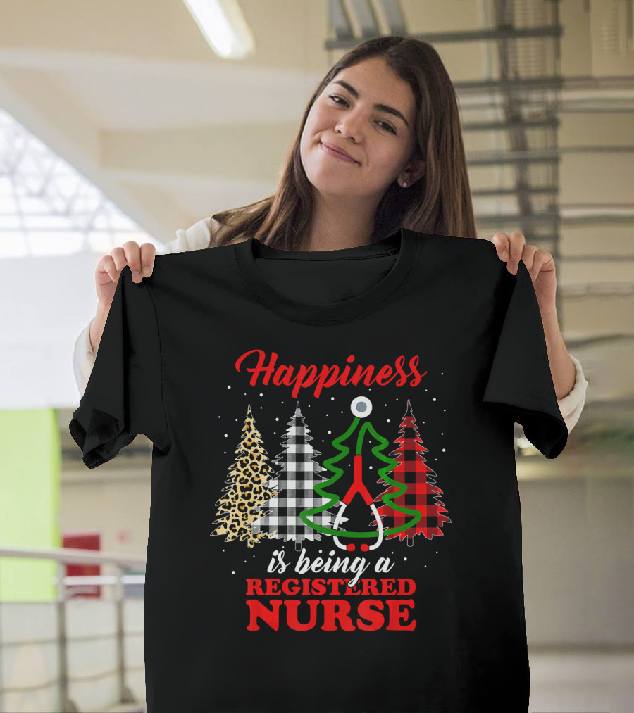 Happiness is Being a Registered Nurse Buffalo Plaid Christmas Tree T-Shirt