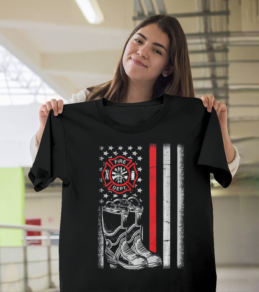 Firefighter Boots with American Flag and Fire Dept Emblem USA Thin Line T-Shirt