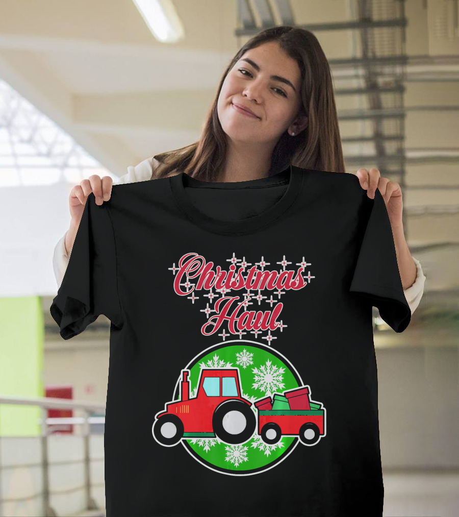 Christmas Haul Tractor with Gift Cart and Snowflakes T-Shirt