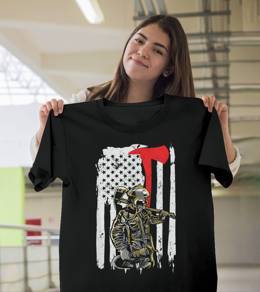 American Flag Firefighter Axe Hero T-Shirt
