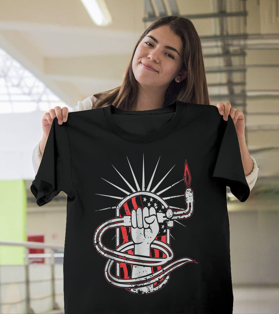 American Flag Welder Fist Holding Torch with Stars and Stripes Background for Mig Tig T-Shirt